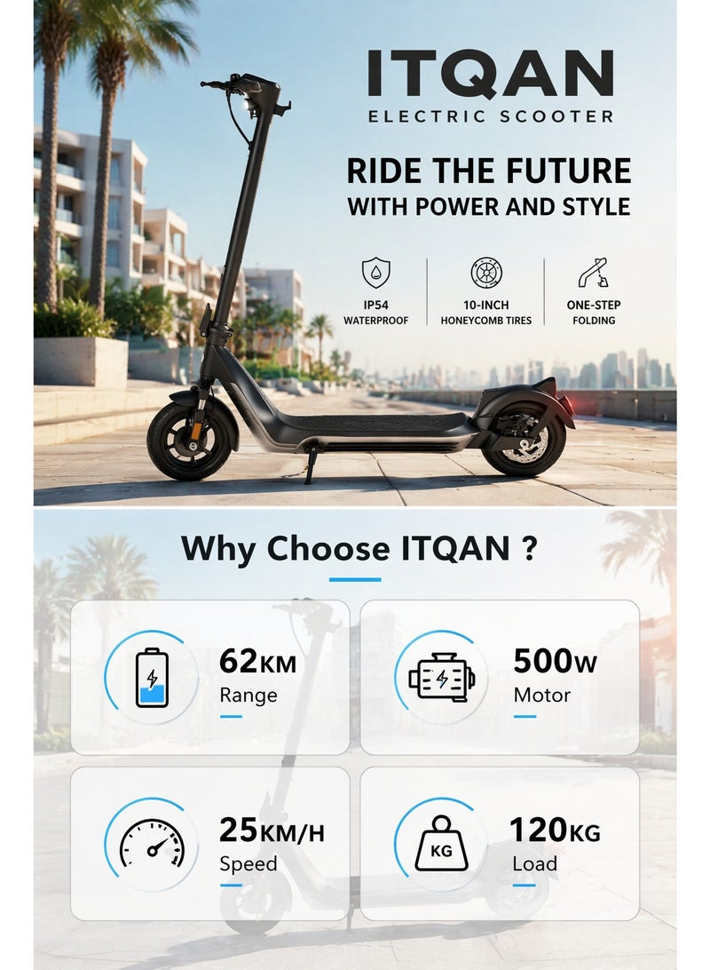ITQAN RASEEL LED Display 500W Motor E scooter, Top Speed 25km/h (3 gears speed mode), Range 42KM, 48V 1AH Battery, 10-Inch Tires, Dual Disc Brakes, Front and Rear Suspension, Foldable Aluminum Alloy Frame, LED Headlight, Adult/Teen Electric Scooter, Load Capacity 120kg, Fast Urban Commuting Electric Scooter, Long Range, Electric Bike with Air-Filled Tires and Easy Folding Design, Fast Urban Commuting Electric Scooter, Perfect Scooter for Outdoor Adventures - Image 3