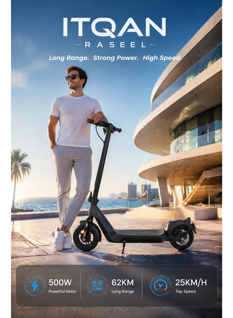 ITQAN RASEEL LED Display 500W Motor E scooter, Top Speed 25km/h (3 gears speed mode), Range 42KM, 48V 1AH Battery, 10-Inch Tires, Dual Disc Brakes, Front and Rear Suspension, Foldable Aluminum Alloy Frame, LED Headlight, Adult/Teen Electric Scooter, Load Capacity 120kg, Fast Urban Commuting Electric Scooter, Long Range, Electric Bike with Air-Filled Tires and Easy Folding Design, Fast Urban Commuting Electric Scooter, Perfect Scooter for Outdoor Adventures - Image 2