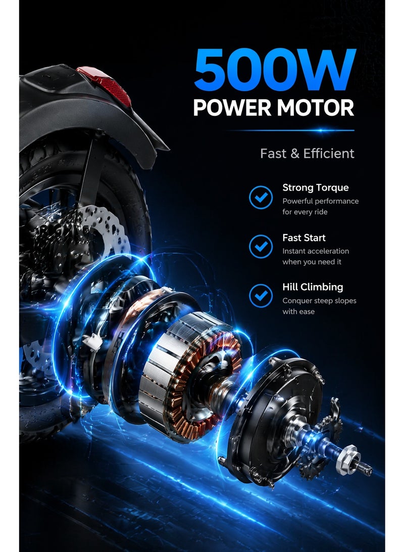 ITQAN RASEEL LED Display 500W Motor E scooter, Top Speed 25km/h (3 gears speed mode), Range 42KM, 48V 1AH Battery, 10-Inch Tires, Dual Disc Brakes, Front and Rear Suspension, Foldable Aluminum Alloy Frame, LED Headlight, Adult/Teen Electric Scooter, Load Capacity 120kg, Fast Urban Commuting Electric Scooter, Long Range, Electric Bike with Air-Filled Tires and Easy Folding Design, Fast Urban Commuting Electric Scooter, Perfect Scooter for Outdoor Adventures - Image 5