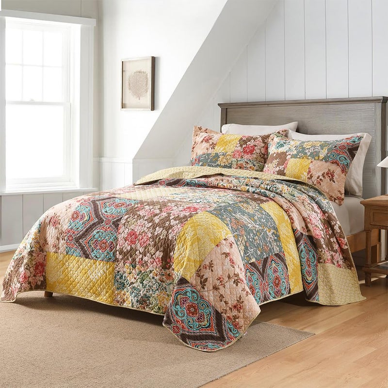 ENASAL Cotton Bedspread Quilt Sets Reversible Bedding Coverlet Sets Luxury Vintage Rustic Gorgeous Paisley Floral Yellow Real Patchwork Bedspread Queen Size