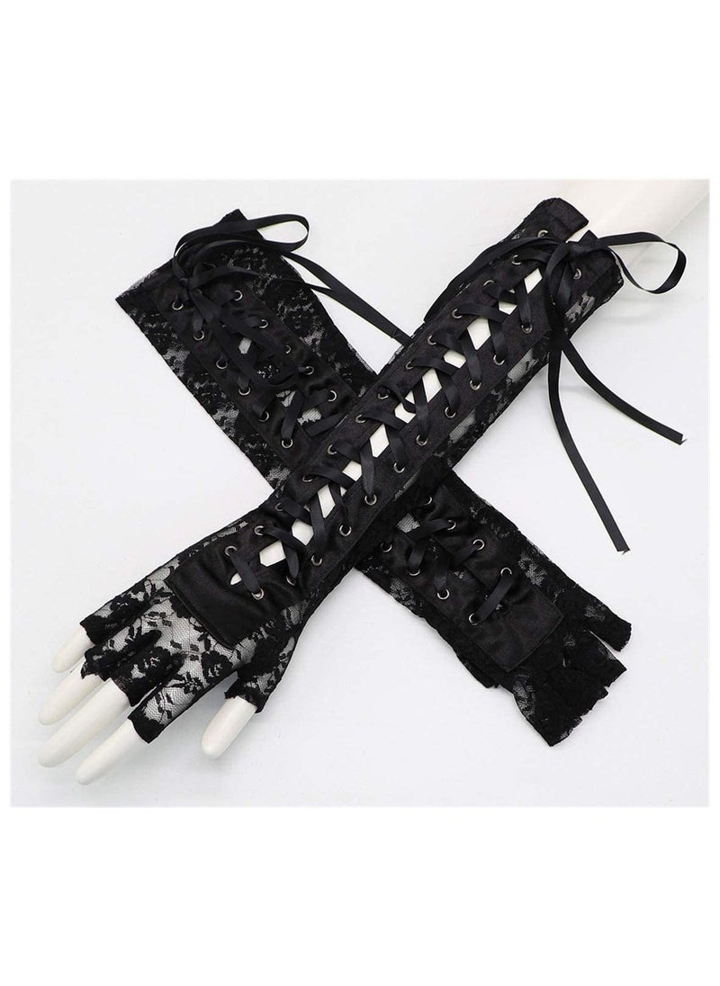 SYOSI 1 Pairs Punk Gloves Lace Fingerless Long Gloves Lace Nylon Elbow Arm Warmer for Women Party  - Image 4