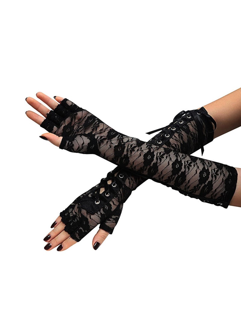 SYOSI 1 Pairs Punk Gloves Lace Fingerless Long Gloves Lace Nylon Elbow Arm Warmer for Women Party  - Image 2
