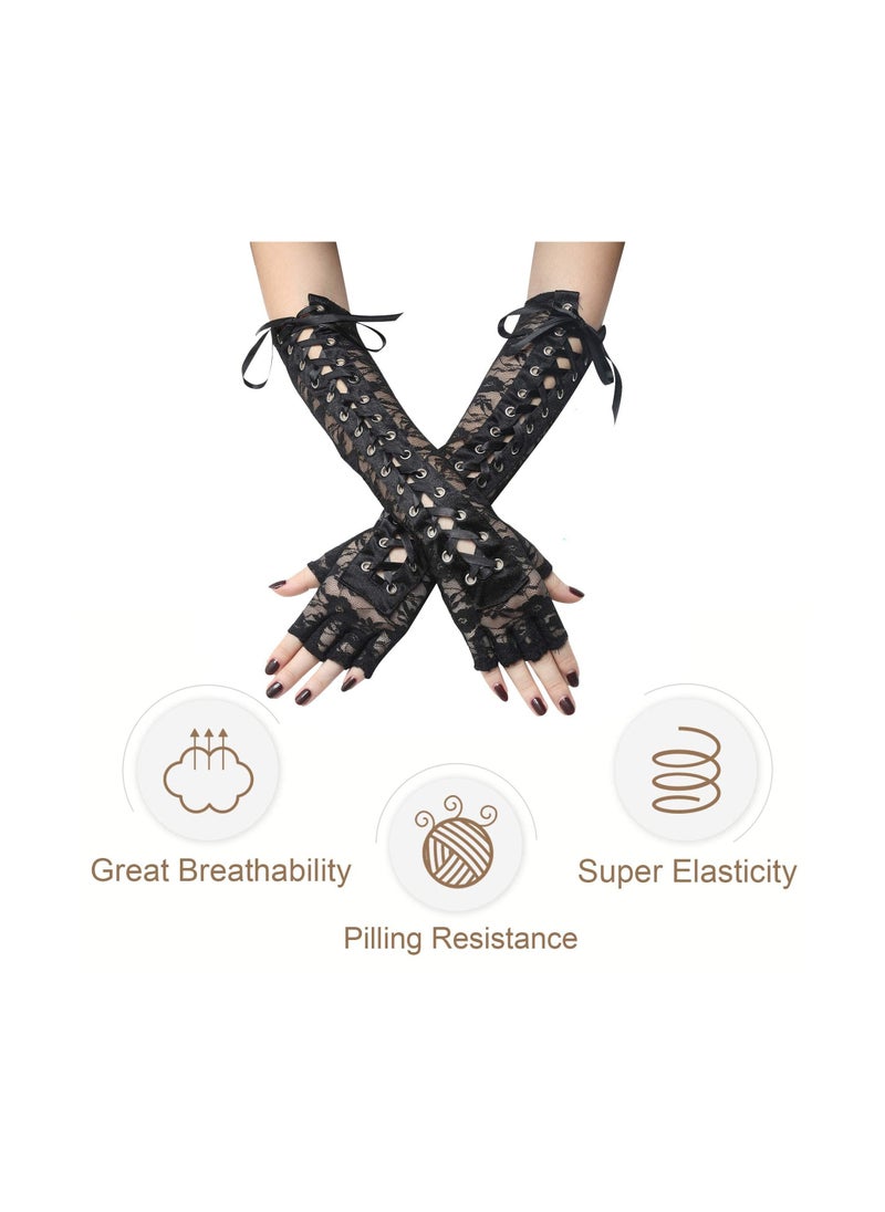 SYOSI 1 Pairs Punk Gloves Lace Fingerless Long Gloves Lace Nylon Elbow Arm Warmer for Women Party  - Image 3