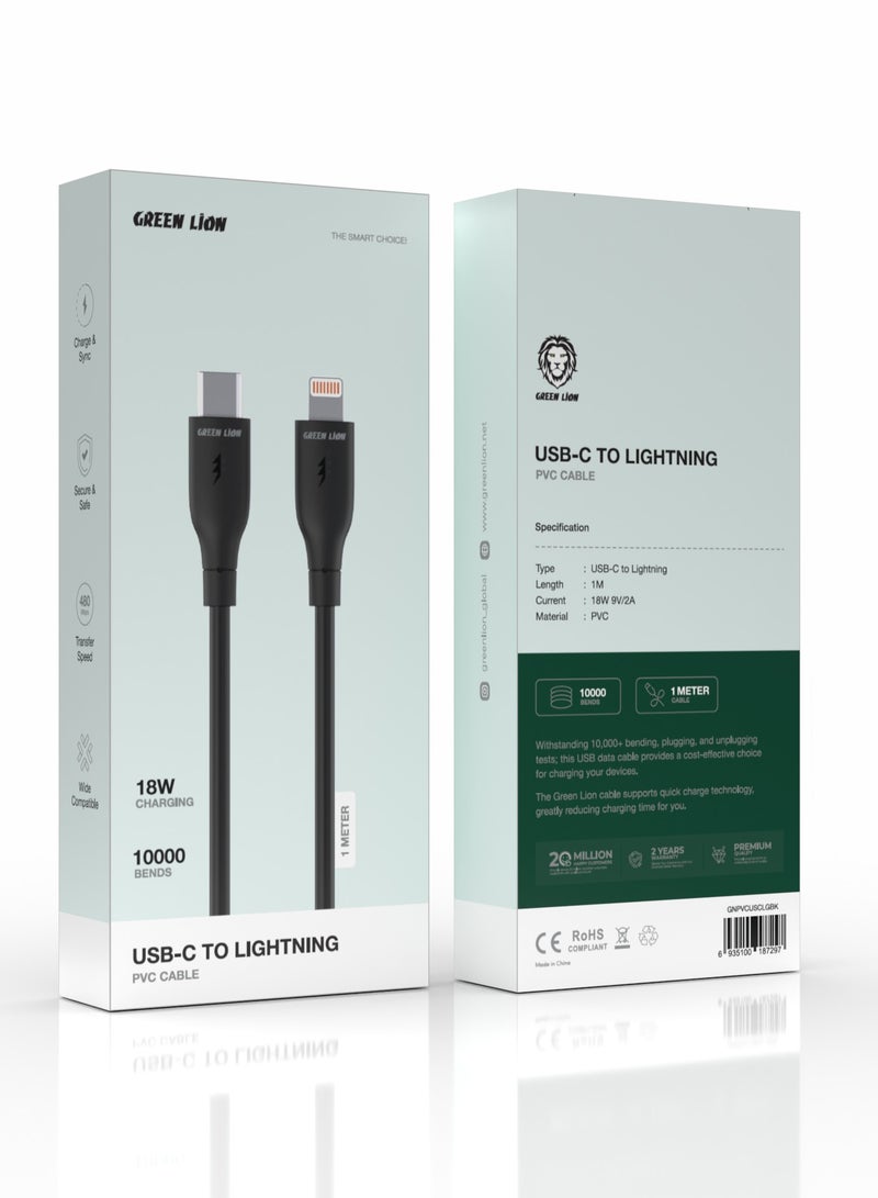 GREEN LION USB-C to Lightning PVC Cable / 1m Cable Length / High Transfer Speed / 18W Power Charging / Secure & Safe / Wide Compatible / Charge & Sync / 10,000 Bends Life Span - Black - Image 2