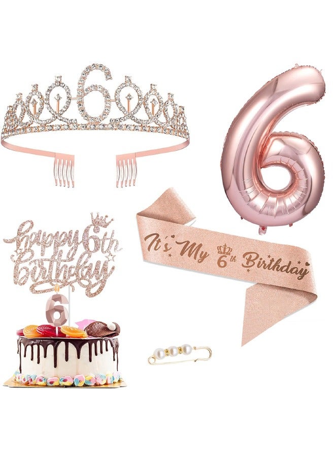 6th Birthday Decorations for Girls, Including 6 year old Birthday Cake Topper, Birthday Queen Sash with Pearl Pin, Sweet Rhinestone Tiara Crown, Number Candles and Balloons Set, Rose Gold - Image 1