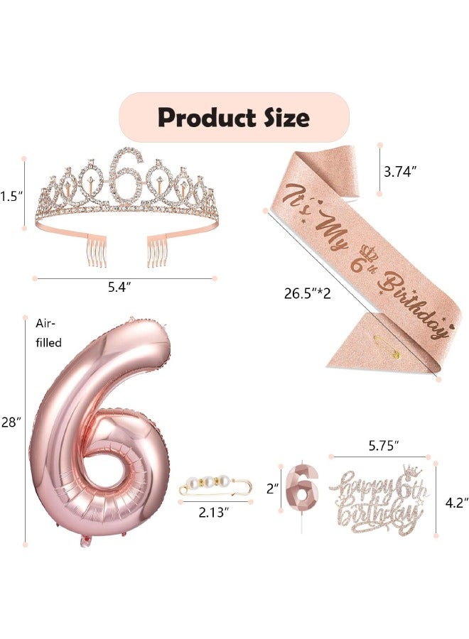 6th Birthday Decorations for Girls, Including 6 year old Birthday Cake Topper, Birthday Queen Sash with Pearl Pin, Sweet Rhinestone Tiara Crown, Number Candles and Balloons Set, Rose Gold - Image 2