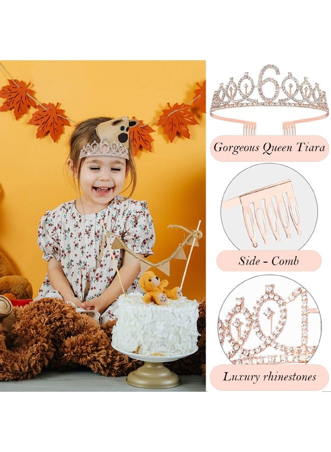 6th Birthday Decorations for Girls, Including 6 year old Birthday Cake Topper, Birthday Queen Sash with Pearl Pin, Sweet Rhinestone Tiara Crown, Number Candles and Balloons Set, Rose Gold - Image 3