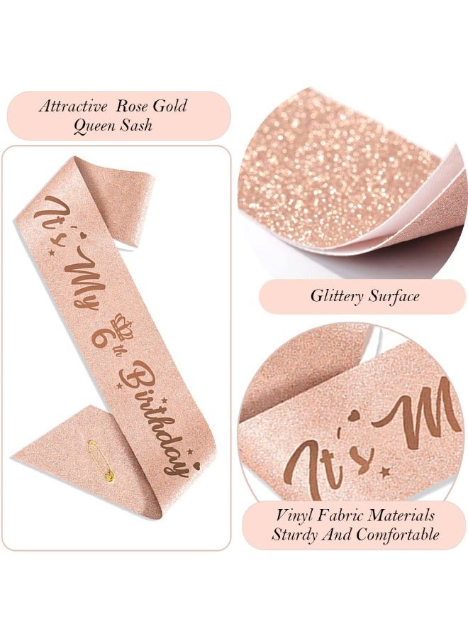 6th Birthday Decorations for Girls, Including 6 year old Birthday Cake Topper, Birthday Queen Sash with Pearl Pin, Sweet Rhinestone Tiara Crown, Number Candles and Balloons Set, Rose Gold - Image 4