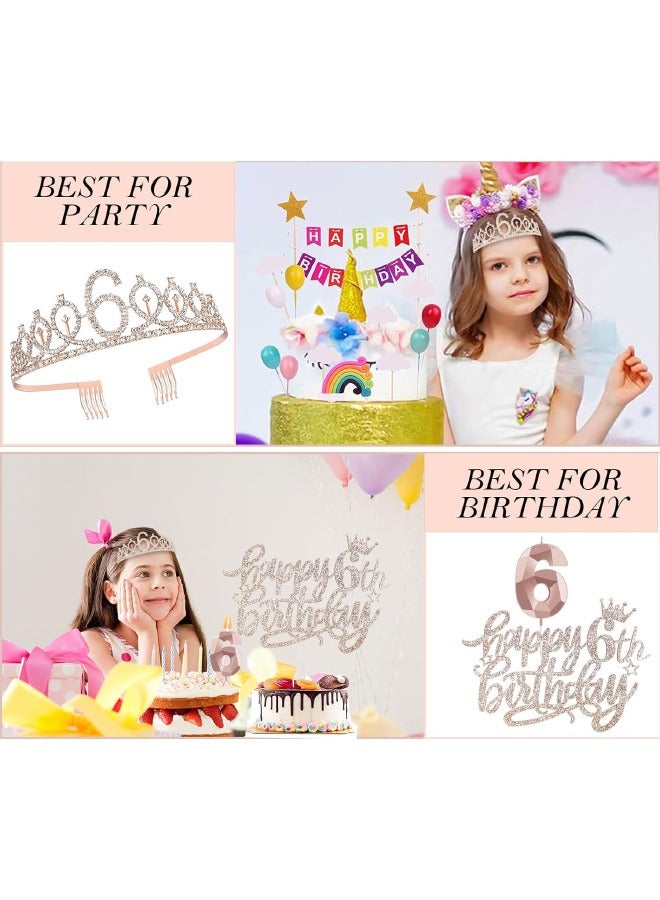 6th Birthday Decorations for Girls, Including 6 year old Birthday Cake Topper, Birthday Queen Sash with Pearl Pin, Sweet Rhinestone Tiara Crown, Number Candles and Balloons Set, Rose Gold - Image 5