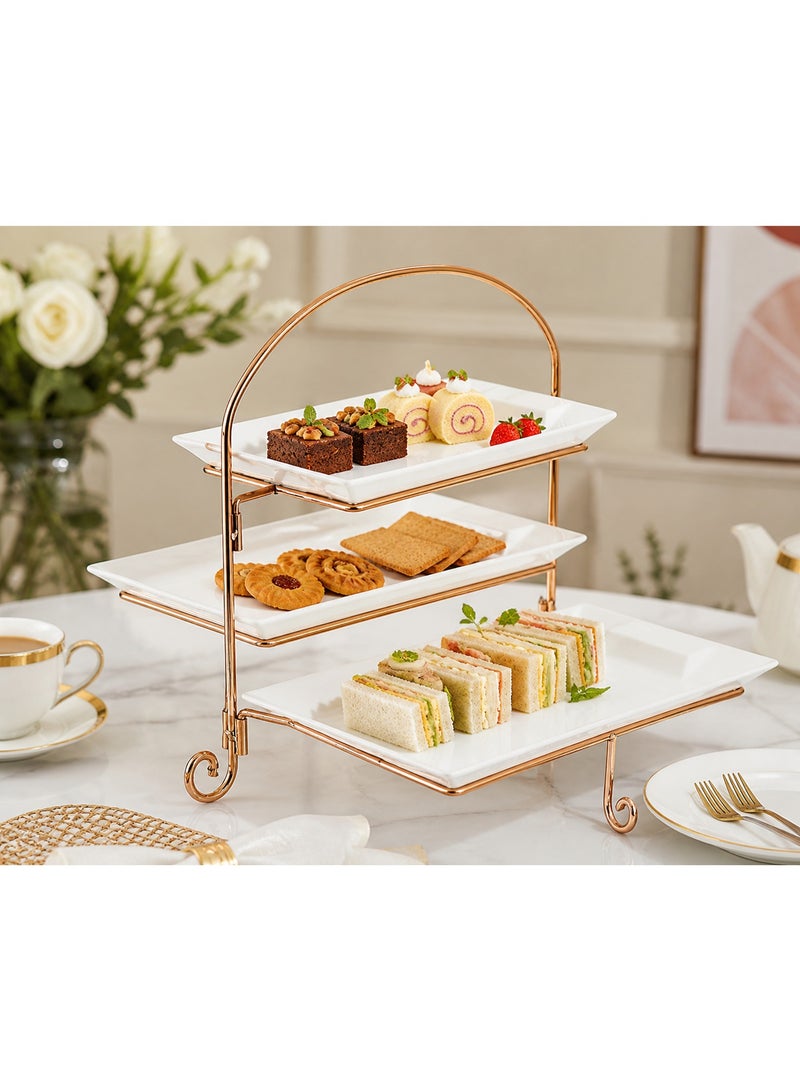 Shallow 3 Tier White Rectangular Plate with Gold Stand (14-inch Bottom 2 Plates, Top 12-inch Plate) - Image 2