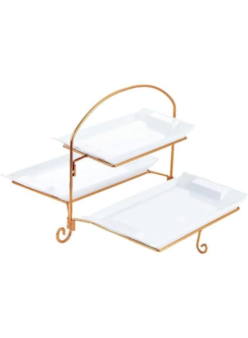 Shallow 3 Tier White Rectangular Plate with Gold Stand (14-inch Bottom 2 Plates, Top 12-inch Plate) - Image 1