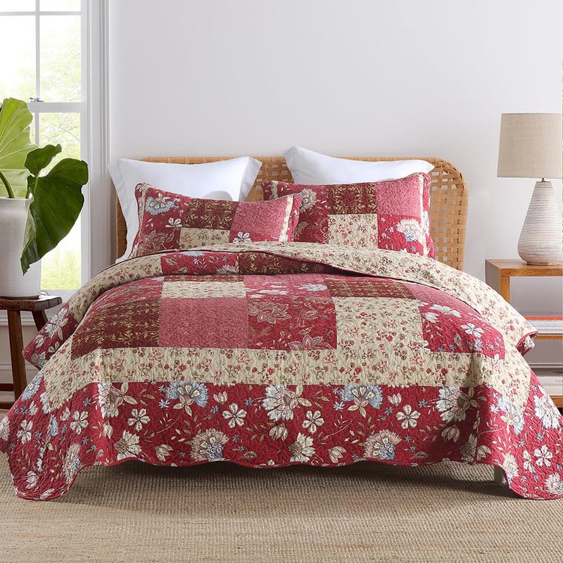 camandy Cotton Bedspread Quilt Bedding Sets 3 Pieces Reversible Coverlet Sets Comforters Vintage Floral Patchwork Purple Red Bedspread Queen Size