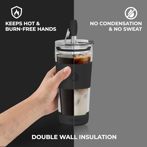 Hemli 19 oz. Double Wall Glass Coffee Tumbler, To Go Travel Mug with Lid, Portable Glass Thermos with Straw, Reusable Cup, Tea, Smoothies, Ice Coffee, and Boba - Image 4