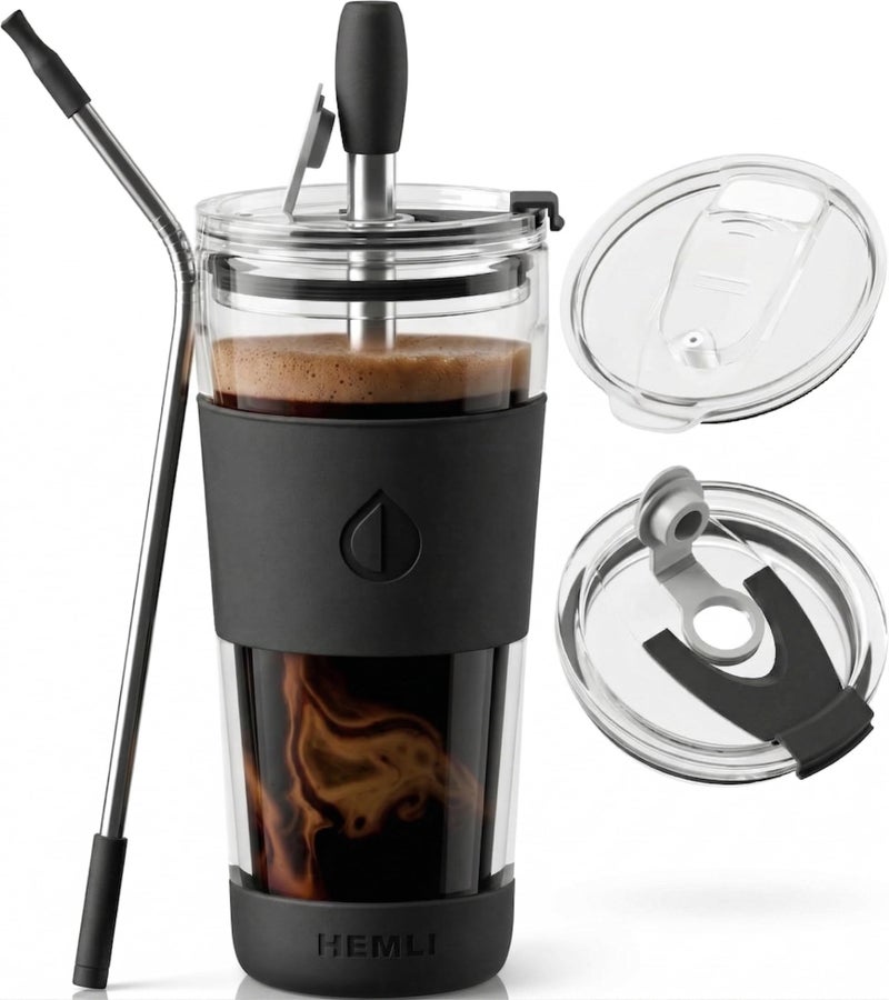 Hemli 19 oz. Double Wall Glass Coffee Tumbler, To Go Travel Mug with Lid, Portable Glass Thermos with Straw, Reusable Cup, Tea, Smoothies, Ice Coffee, and Boba - Image 1
