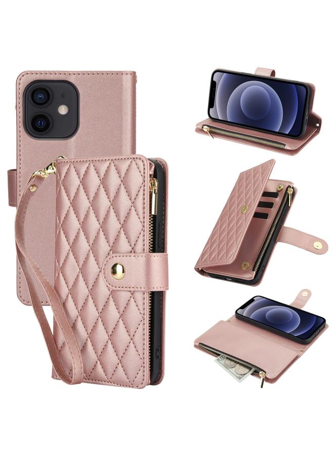 زبون حافظة هاتف iPhone 12 mini YM016 محفظة بطاقات جلدية بسحاب معيني مع حبل - Image 1