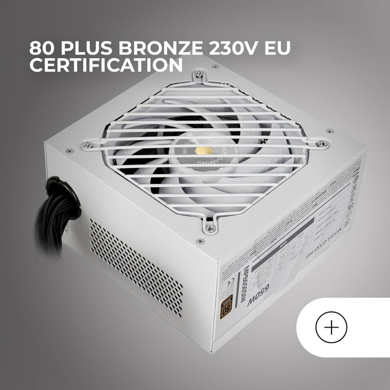 مارس_جيمنج مصدر طاقة MPB650SI، من نوع ATX، بقدرة 650 واط، يأتي مع ضمان لمدة 7 سنوات، ويتمتع بتصنيف 80Plus Bronze وجهد كهربائي 230 فولت، كفاءة تصل إلى 90٪، مروحة من نوع SI Extreme Silence ذات نواة نحاسية، تقنيات AI2-RPM، DC-DC وSMD، باللون الأبيض. - Image 5