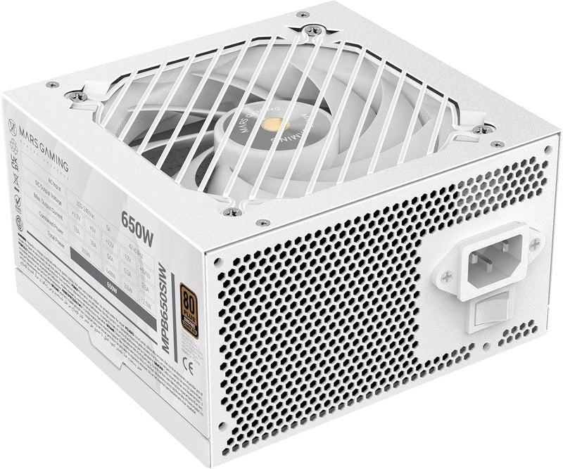 مارس_جيمنج مصدر طاقة MPB650SI، من نوع ATX، بقدرة 650 واط، يأتي مع ضمان لمدة 7 سنوات، ويتمتع بتصنيف 80Plus Bronze وجهد كهربائي 230 فولت، كفاءة تصل إلى 90٪، مروحة من نوع SI Extreme Silence ذات نواة نحاسية، تقنيات AI2-RPM، DC-DC وSMD، باللون الأبيض. - Image 1