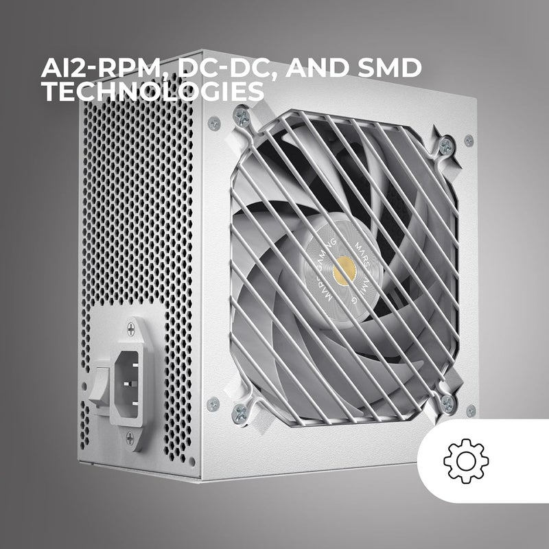 مارس_جيمنج مصدر طاقة MPB650SI، من نوع ATX، بقدرة 650 واط، يأتي مع ضمان لمدة 7 سنوات، ويتمتع بتصنيف 80Plus Bronze وجهد كهربائي 230 فولت، كفاءة تصل إلى 90٪، مروحة من نوع SI Extreme Silence ذات نواة نحاسية، تقنيات AI2-RPM، DC-DC وSMD، باللون الأبيض. - Image 3