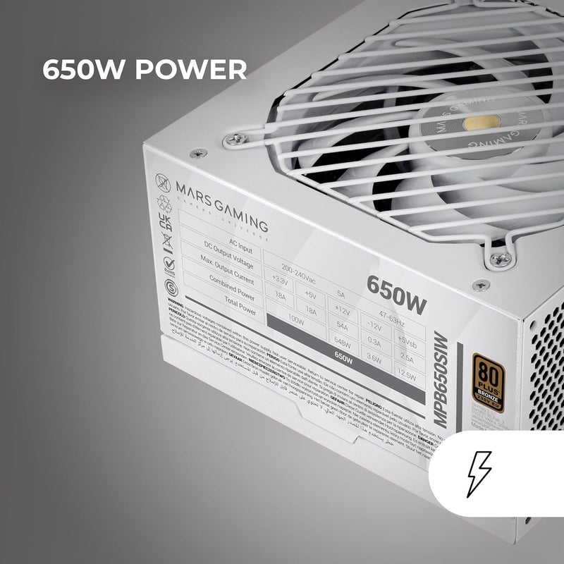 مارس_جيمنج مصدر طاقة MPB650SI، من نوع ATX، بقدرة 650 واط، يأتي مع ضمان لمدة 7 سنوات، ويتمتع بتصنيف 80Plus Bronze وجهد كهربائي 230 فولت، كفاءة تصل إلى 90٪، مروحة من نوع SI Extreme Silence ذات نواة نحاسية، تقنيات AI2-RPM، DC-DC وSMD، باللون الأبيض. - Image 4