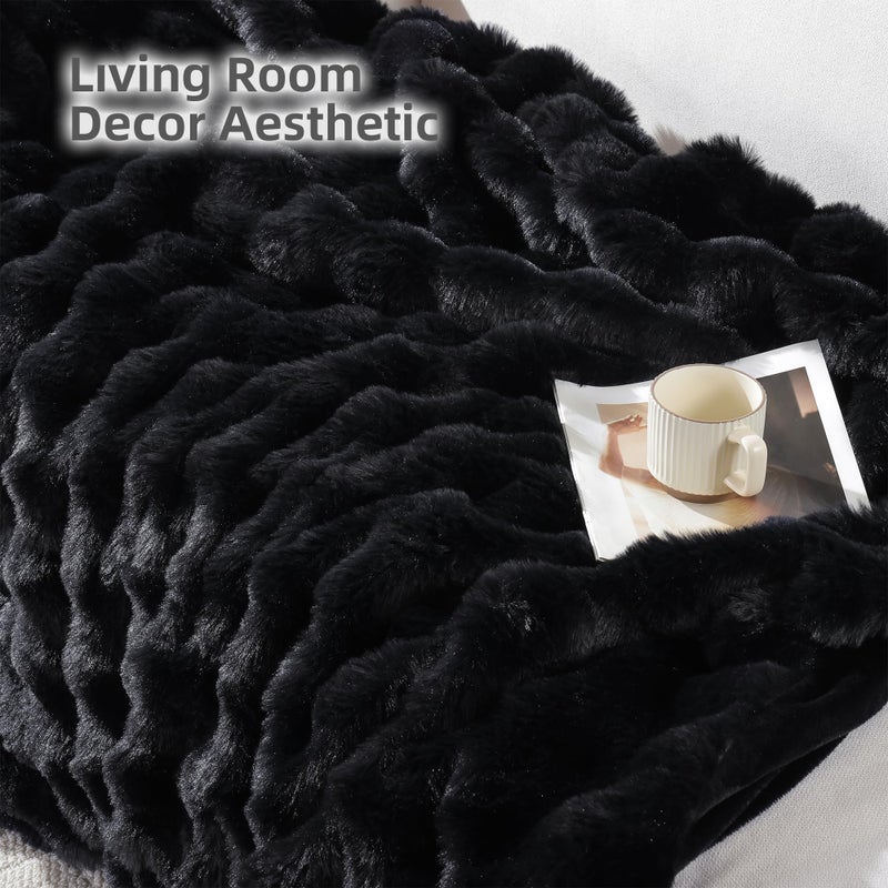 Smoofy Faux Fur Throw Blanket for Couch â€“ Black Fluffy Cozy Rabbit Fleece, Plush Soft Bubble Blanket for Sofa & Bed, for Mom, Warm Fuzzy Home Room Decor Throw 50" x 60" - Image 5
