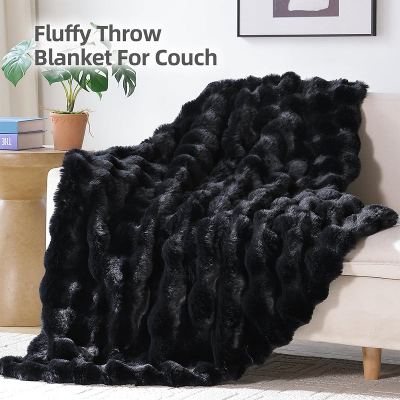 Smoofy Faux Fur Throw Blanket for Couch â€“ Black Fluffy Cozy Rabbit Fleece, Plush Soft Bubble Blanket for Sofa & Bed, for Mom, Warm Fuzzy Home Room Decor Throw 50" x 60" - Image 3