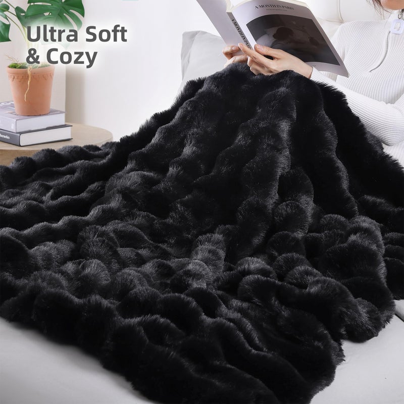 Smoofy Faux Fur Throw Blanket for Couch â€“ Black Fluffy Cozy Rabbit Fleece, Plush Soft Bubble Blanket for Sofa & Bed, for Mom, Warm Fuzzy Home Room Decor Throw 50" x 60" - Image 4