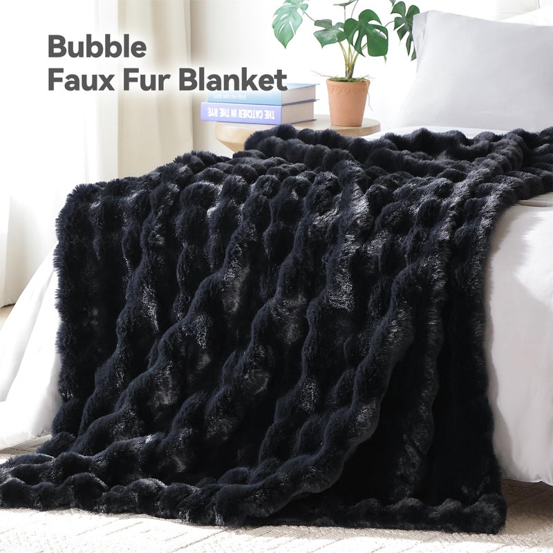 Smoofy Faux Fur Throw Blanket for Couch â€“ Black Fluffy Cozy Rabbit Fleece, Plush Soft Bubble Blanket for Sofa & Bed, for Mom, Warm Fuzzy Home Room Decor Throw 50" x 60" - Image 2