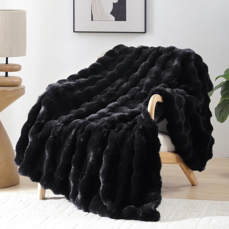 Smoofy Faux Fur Throw Blanket for Couch â€“ Black Fluffy Cozy Rabbit Fleece, Plush Soft Bubble Blanket for Sofa & Bed, for Mom, Warm Fuzzy Home Room Decor Throw 50" x 60" - Image 1