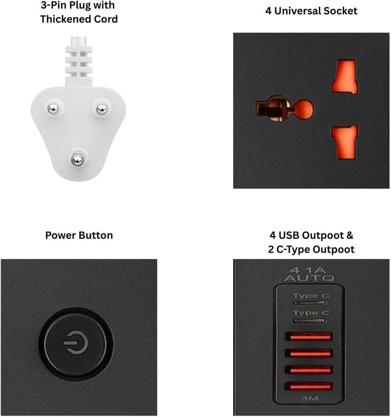 NOJTI لوحة تمديد، مشترك كهربائي مع 6 منافذ USB و3 مقابس عالمية، سلك تمديد بقدرة 2500 واط 10 أمبير، مشترك كهربائي مزود بحماية من زيادة التيار ثلاثي الأطراف للمنزل، المكتب، الكمبيوتر، شحن الجوال (أبيض-Z66) - Image 3