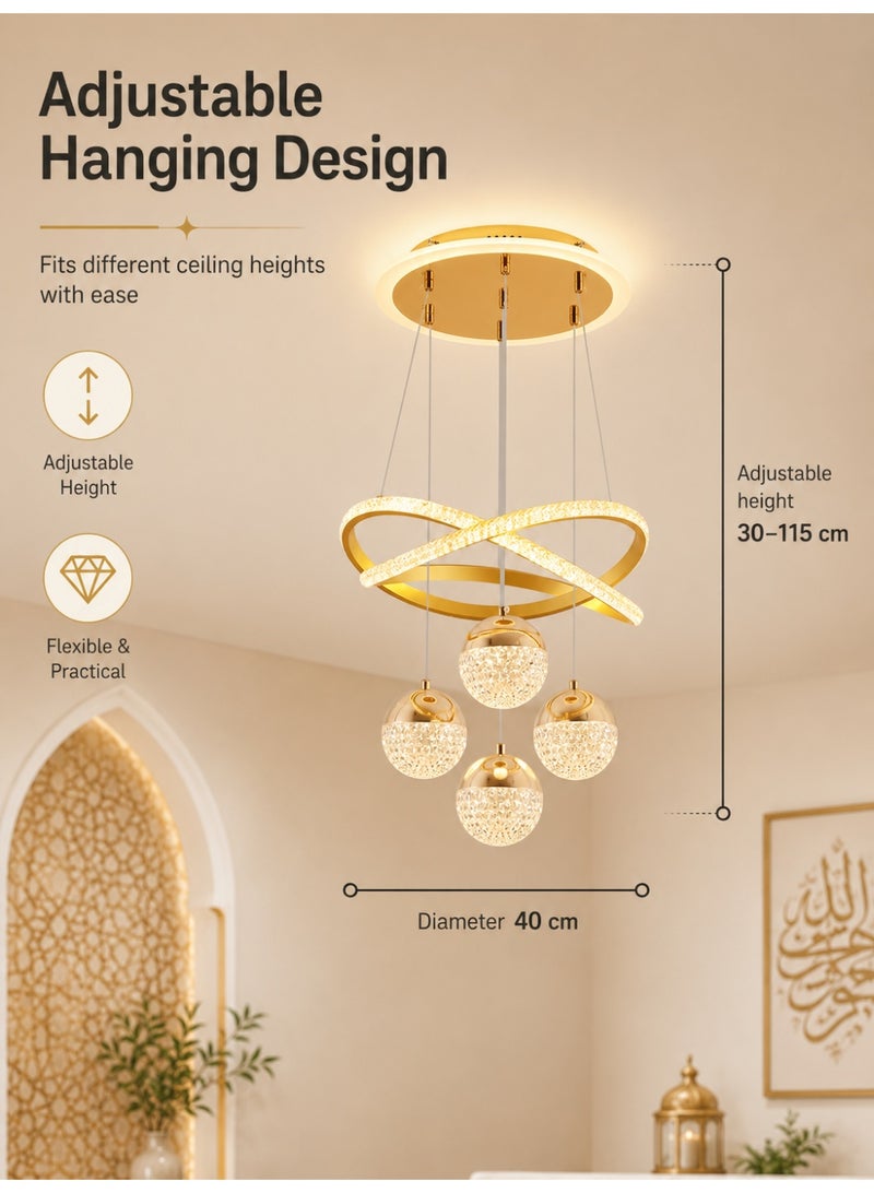 ALongDeng Elegant Gold LED Pendant Chandelier with Adjustable Height, Modern Crystal Globe Lighting Fixture for Dining Room, Living Room, Bar, and Office - Image 3