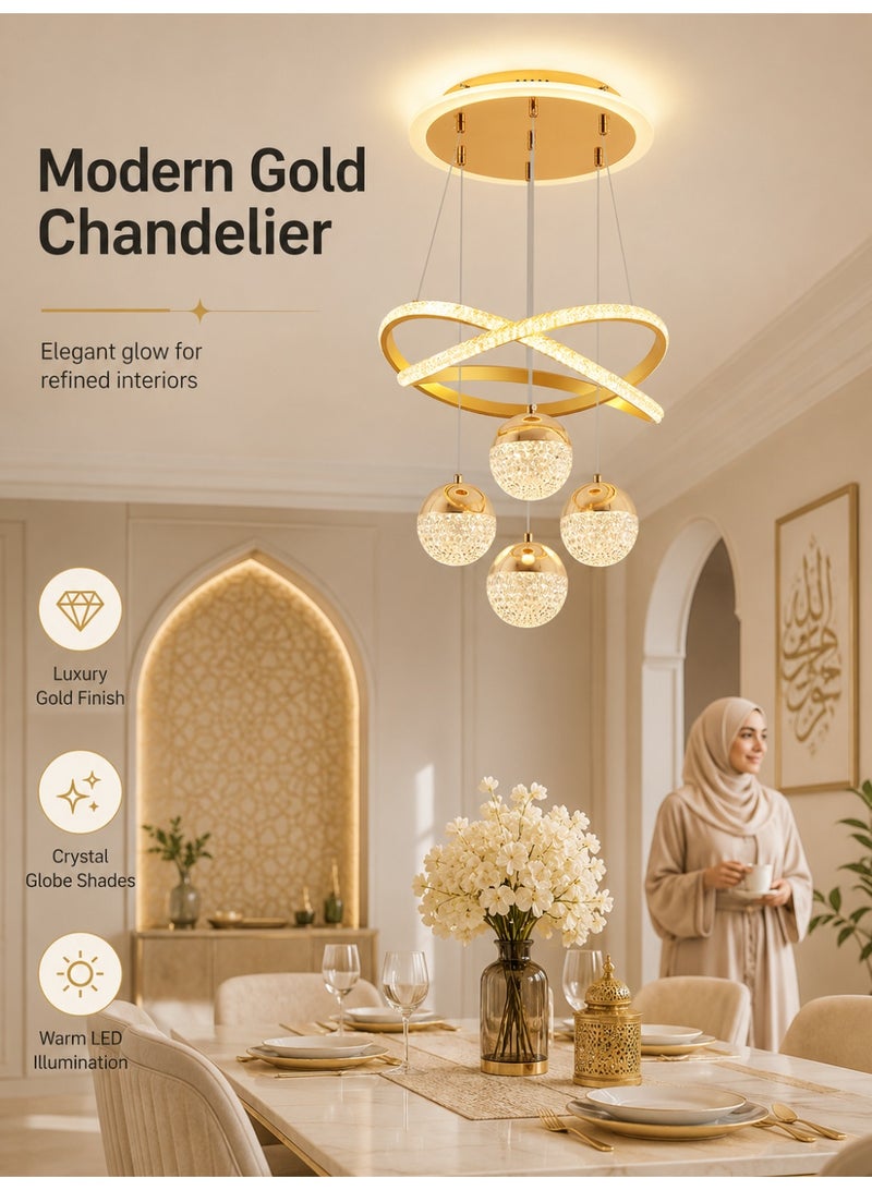 ALongDeng Elegant Gold LED Pendant Chandelier with Adjustable Height, Modern Crystal Globe Lighting Fixture for Dining Room, Living Room, Bar, and Office - Image 2