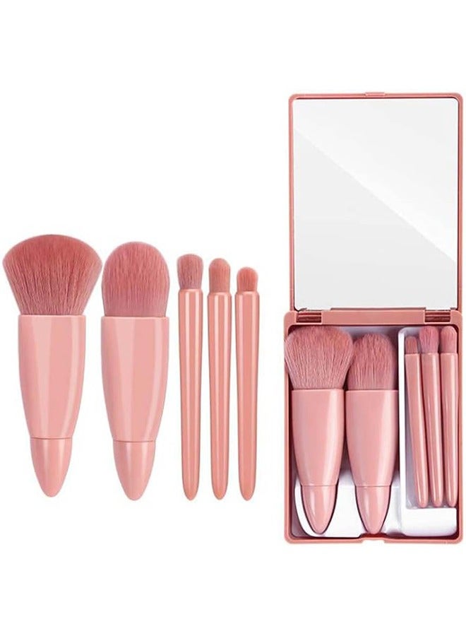 Easy-taken Travel Makeup Brush Set, 5pcs Mini Complete Function Cosmetic Brushes Kit (5pcs with mirror) - Image 1