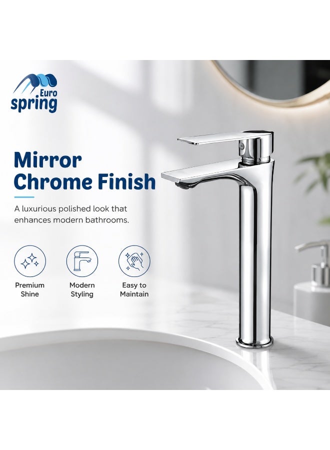 Euro Spring Eurospring Modern High-Rise Wash Basin Mixer Tap with Flat Spout - Solid Brass Chrome - Image 4