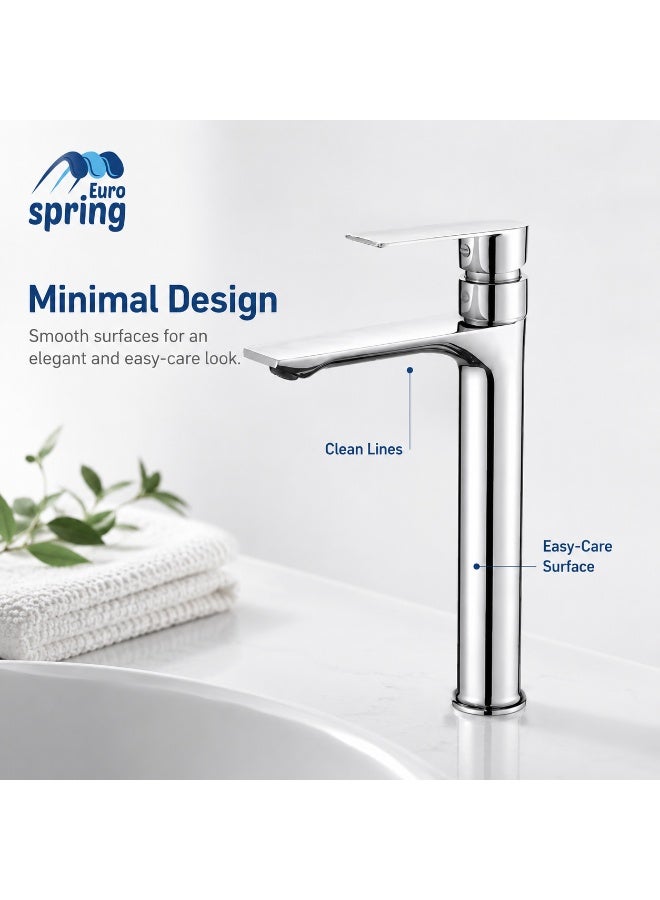 Euro Spring Eurospring Modern High-Rise Wash Basin Mixer Tap with Flat Spout - Solid Brass Chrome - Image 3