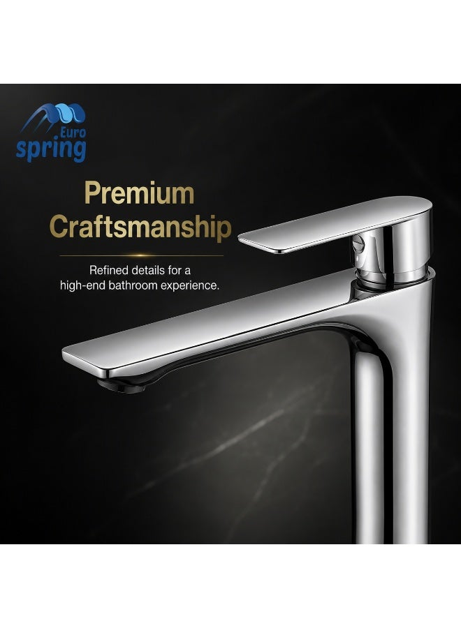 Euro Spring Eurospring Modern High-Rise Wash Basin Mixer Tap with Flat Spout - Solid Brass Chrome - Image 2