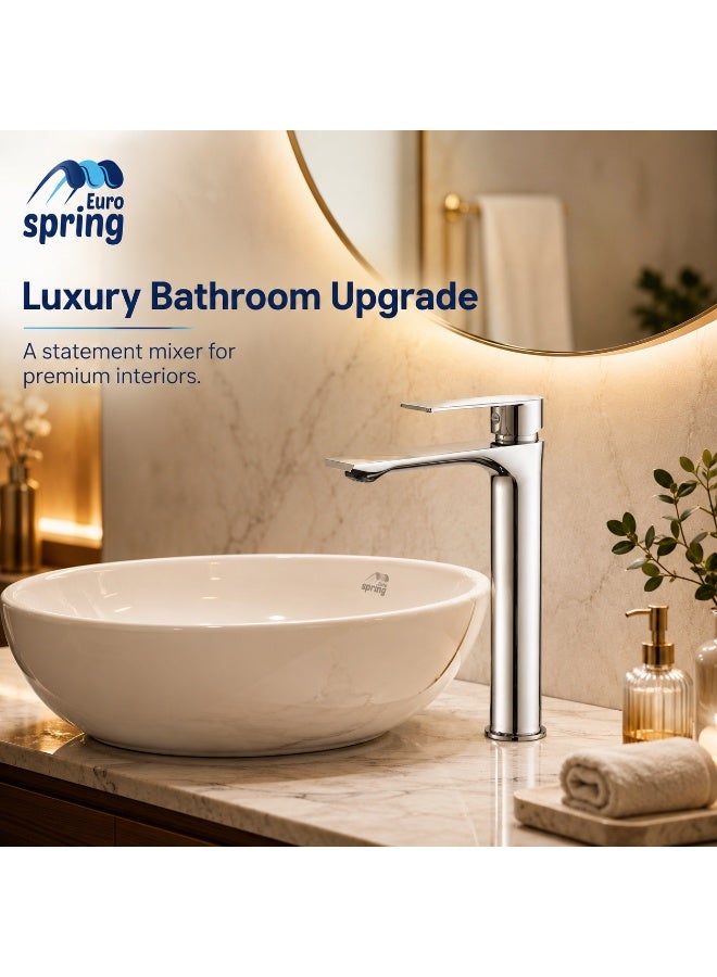 Euro Spring Eurospring Modern High-Rise Wash Basin Mixer Tap with Flat Spout - Solid Brass Chrome - Image 5