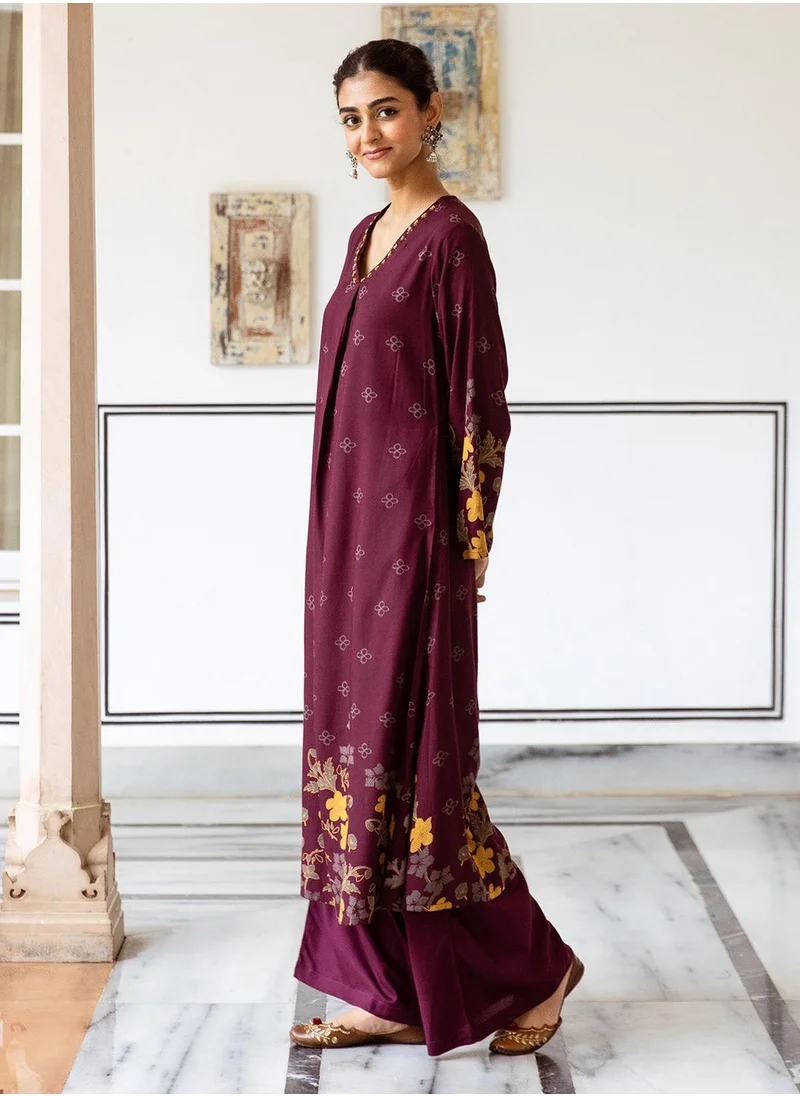 آي شين Straight Fit Printed Pattern Round Neck Long Sleeves maroon Colour Woven Cotton Kurta Set for Women with Semi Elastic Closure - A Must-Have for Every Wardrobe