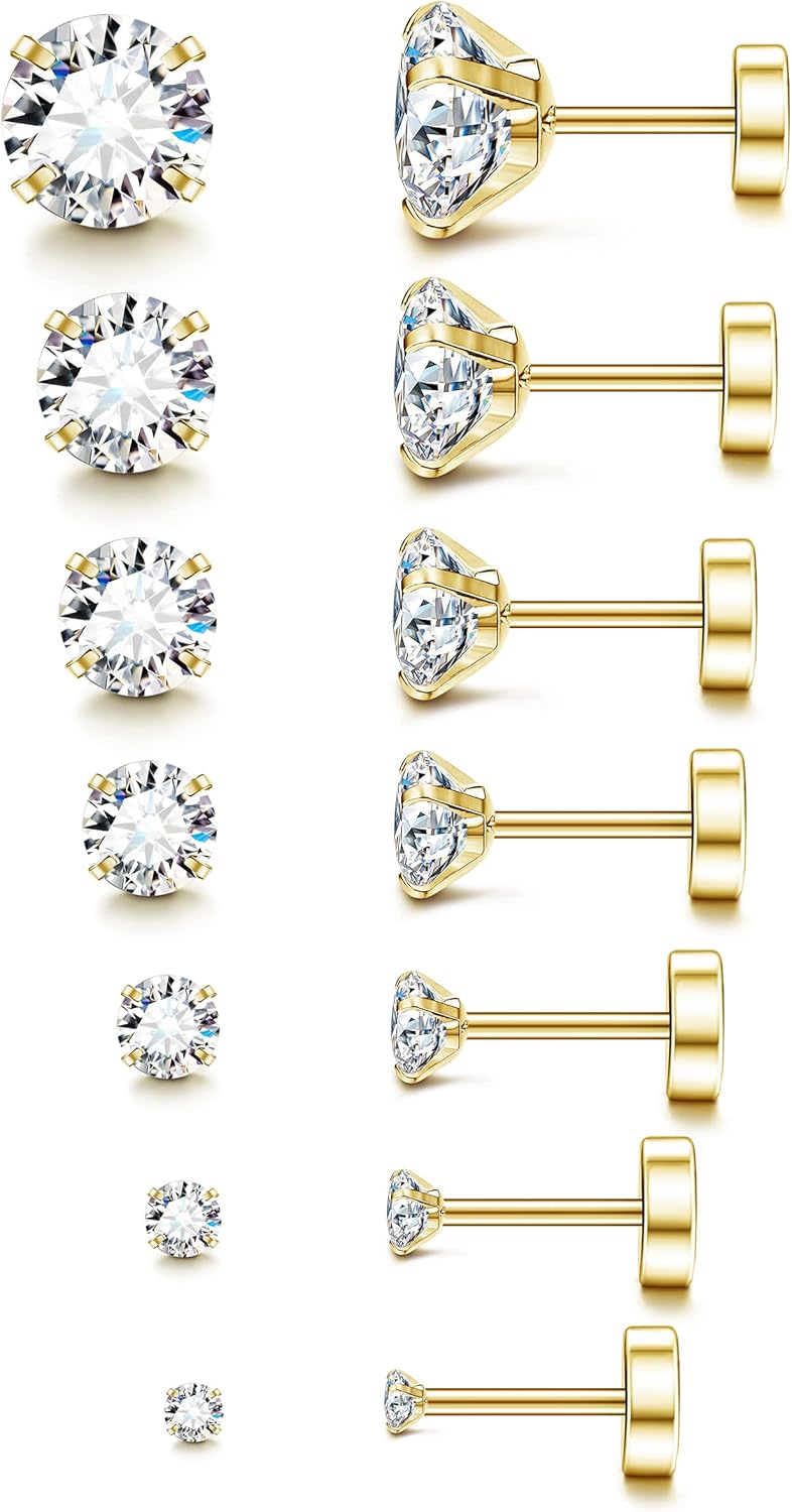 Fansilver 20G Hypoallergenic Flat Back Earrings for Women Men Silver 14K Gold Stainless Steel Stud Earrings Brithstone Cubic Zirconia Studs Surgical Steel Cartilage Earrings for Sensitive Ears - Image 1
