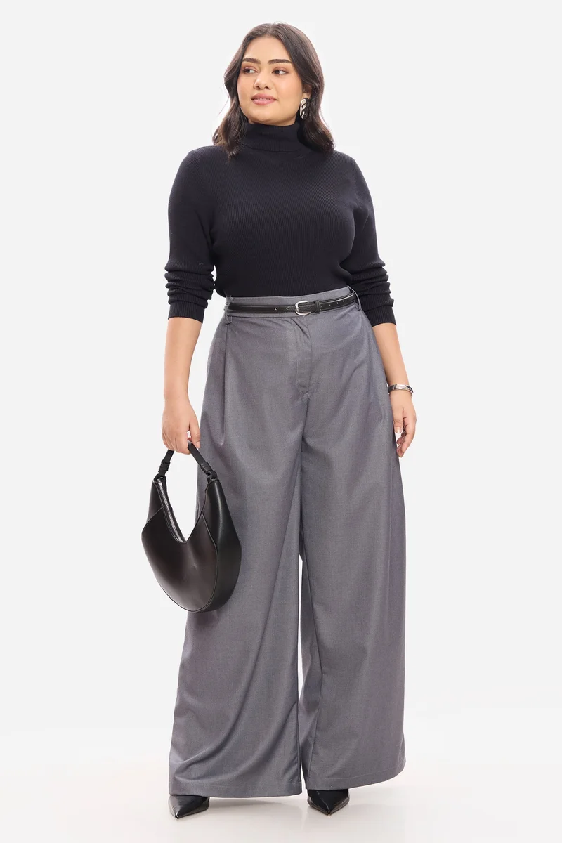 Virgio Solid Cotton Pleated Plus Size Trousers for Women