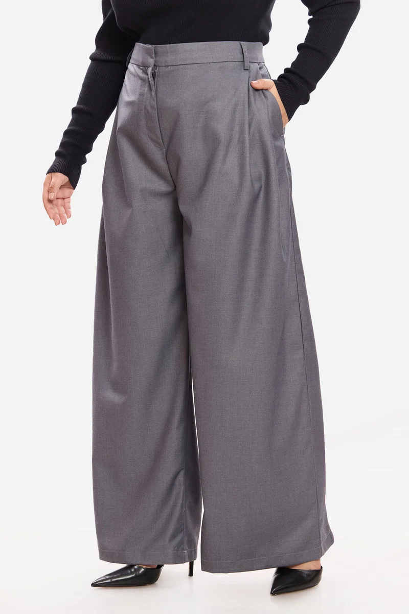 Virgio  Solid Cotton Pleated Plus Size Trousers for Women for Women | Best Price UAE