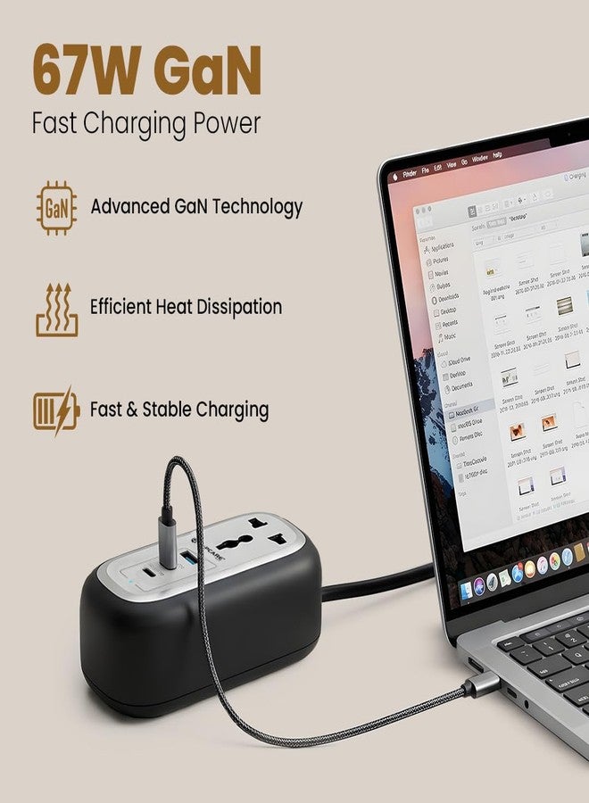 LAPCARE Grip 5-in-1 Desktop Power Strip with 67W GaN Fast Charging, 2 Universal 3 Pin Socket, 2 Type-C PD Ports, 1 USB-A Port, Surge Protection, Fire-Resistant, Compact Power Hub for Home & Office - Image 3