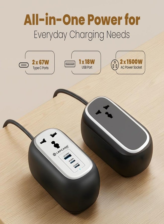 LAPCARE Grip 5-in-1 Desktop Power Strip with 67W GaN Fast Charging, 2 Universal 3 Pin Socket, 2 Type-C PD Ports, 1 USB-A Port, Surge Protection, Fire-Resistant, Compact Power Hub for Home & Office - Image 4