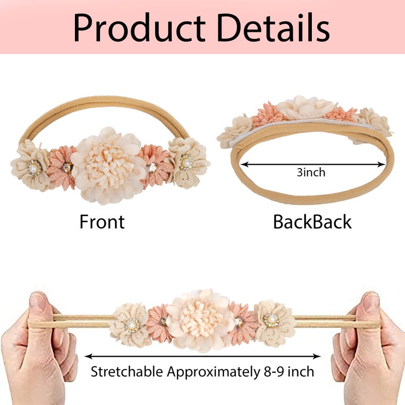 CaySep 3PCS Baby Girl Flower Headbands Set Elastic Bow Hair Band Handmade Bow For Newborn Infant Toddler Pack - Image 3