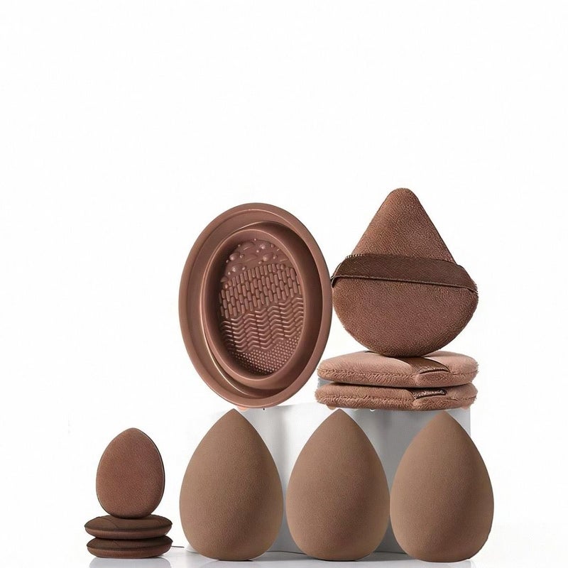 10pcs Coffee Brown Makeup Sponge And Powder Puff Set With Cleaning Bowl For Concealer And Blush - Image 2