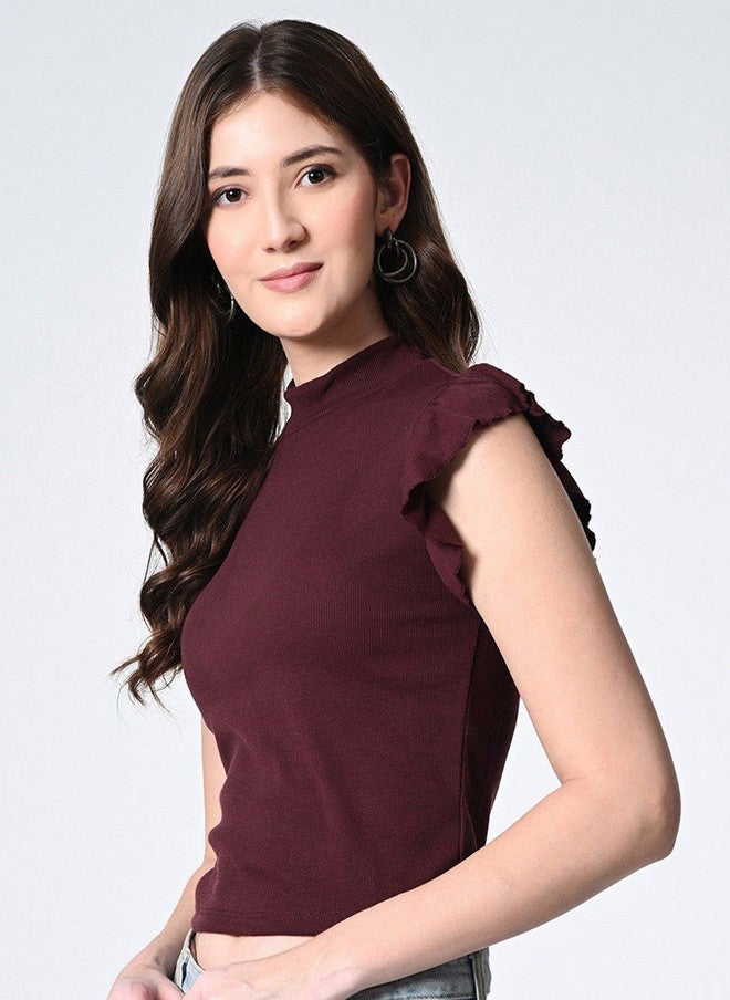 Pretilly Maroon Ruffled Sleeveless Crop Top for Women - Image 4