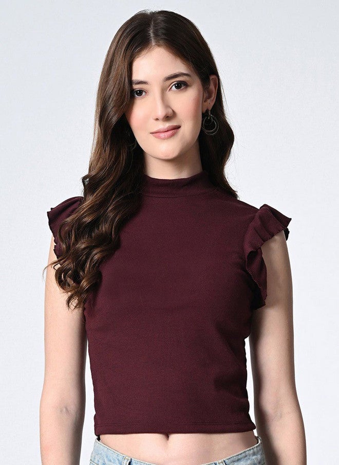 Pretilly Maroon Ruffled Sleeveless Crop Top for Women - Image 1