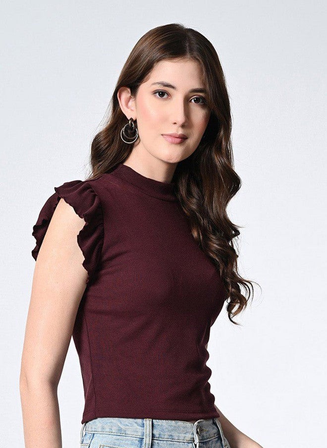 Pretilly Maroon Ruffled Sleeveless Crop Top for Women - Image 3