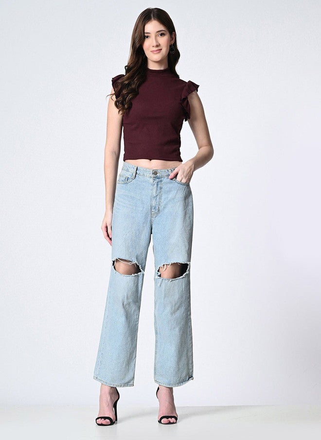 Pretilly Maroon Ruffled Sleeveless Crop Top for Women - Image 5