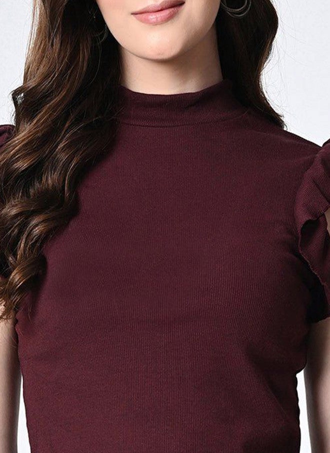 Pretilly Maroon Ruffled Sleeveless Crop Top for Women - Image 2