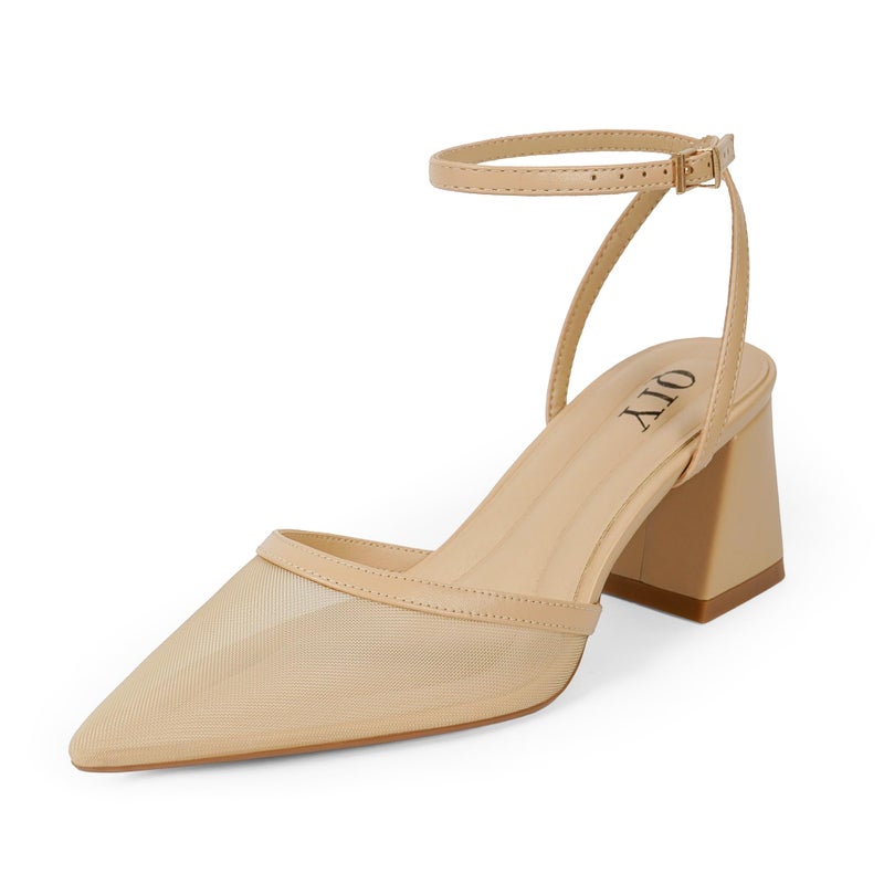 QIY Chunky Heels for Women Low Womens Nude Heels Closed Toe Block Mesh Heel for Women Slingback Sling Back Strappy Short Heel Pointed Toe Womens Pumps Wedding Dress Shoes Size 9 - Image 1